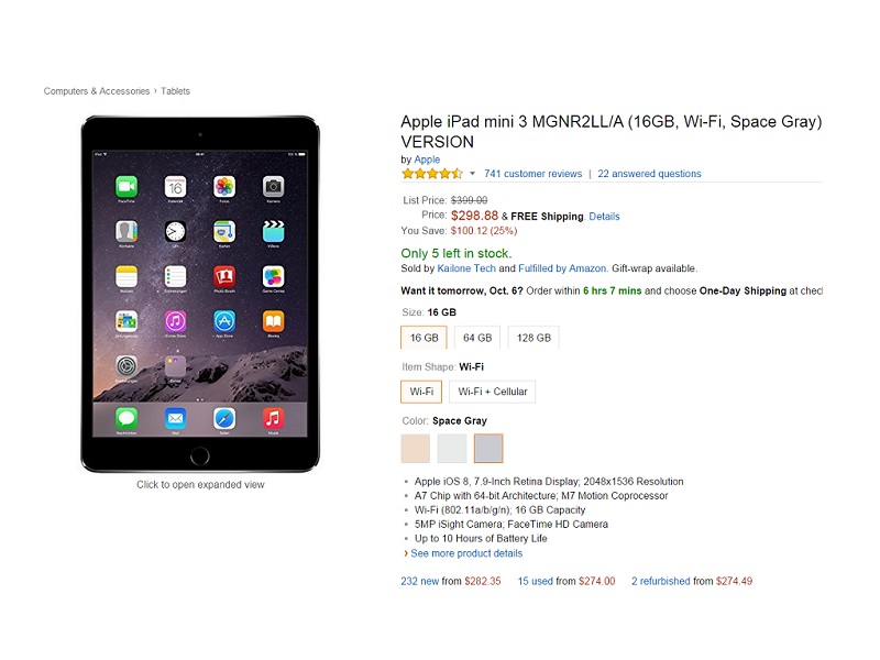 iPad mini 3 offer on Amazon