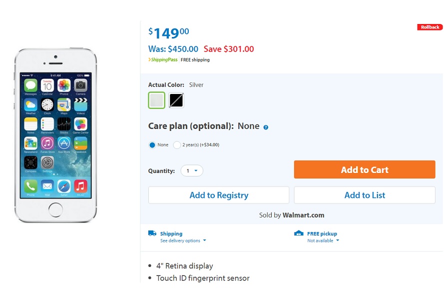 iPhone 5s offer on Walmart