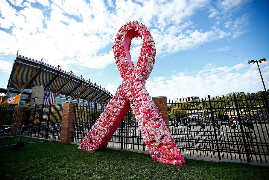 A pink 25-foot ribbon scupture made up of Aerie bras is on display outside of Heinz Field as part of Breast Cancer Awareness Month