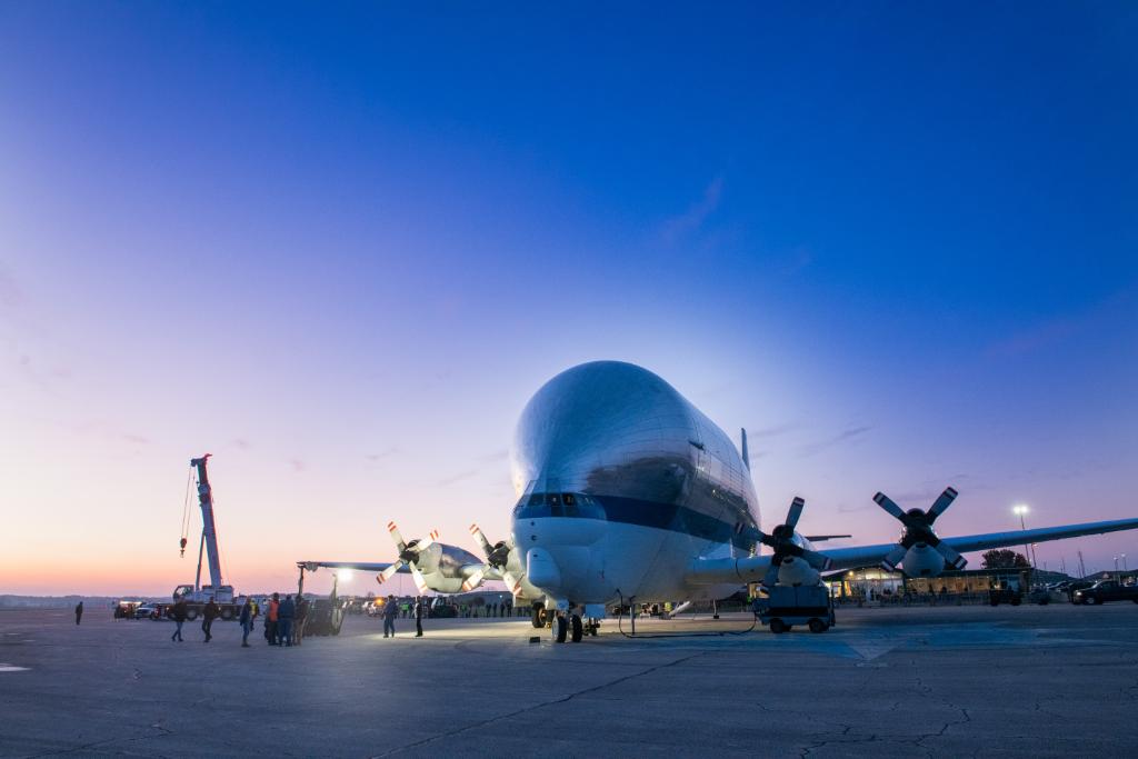 Super Guppy opened to unveil the Orion Spacecraft