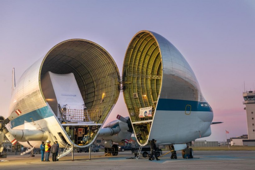 Super Guppy nose is opened to unveil the Orion