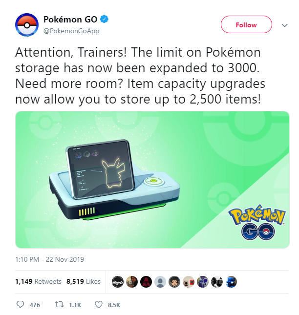 Niantic Labs just expanded the game’s storage limits. 