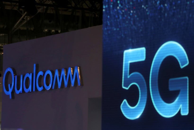 Qualcomm and 5G logos are seen at the Mobile World Congress in Barcelona