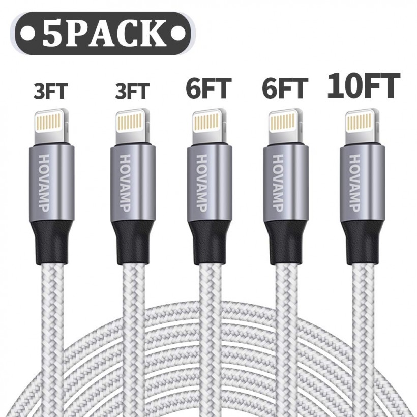 HOVAMP iPhone Charger, MFi Certified Lightning Cable 5 Pack (3/3/6/6/10FT) Nylon Woven with Metal Connector Compatible iPhone 11/Pro/Xs Max/X/8/7/Plus/6S/6/SE/5S iPad - Silver&White