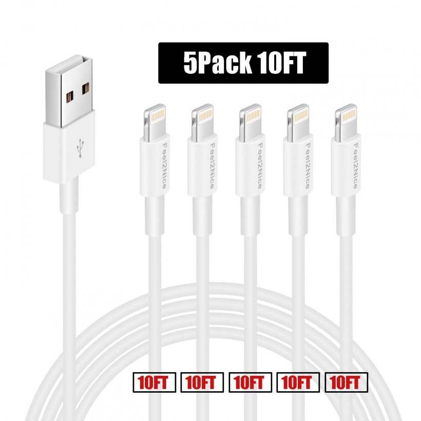 FEEL2NICE 5 Pack 10ft Charger Cord for Long 10 Foot iPhone Charging Cable/Data Sync Fast iPhone USB Charging Cable Cord Compatible with iPhone X Case/8/8 Plus/7/7 Plus/6/6s Plus/5s/5,iPad Case(White)