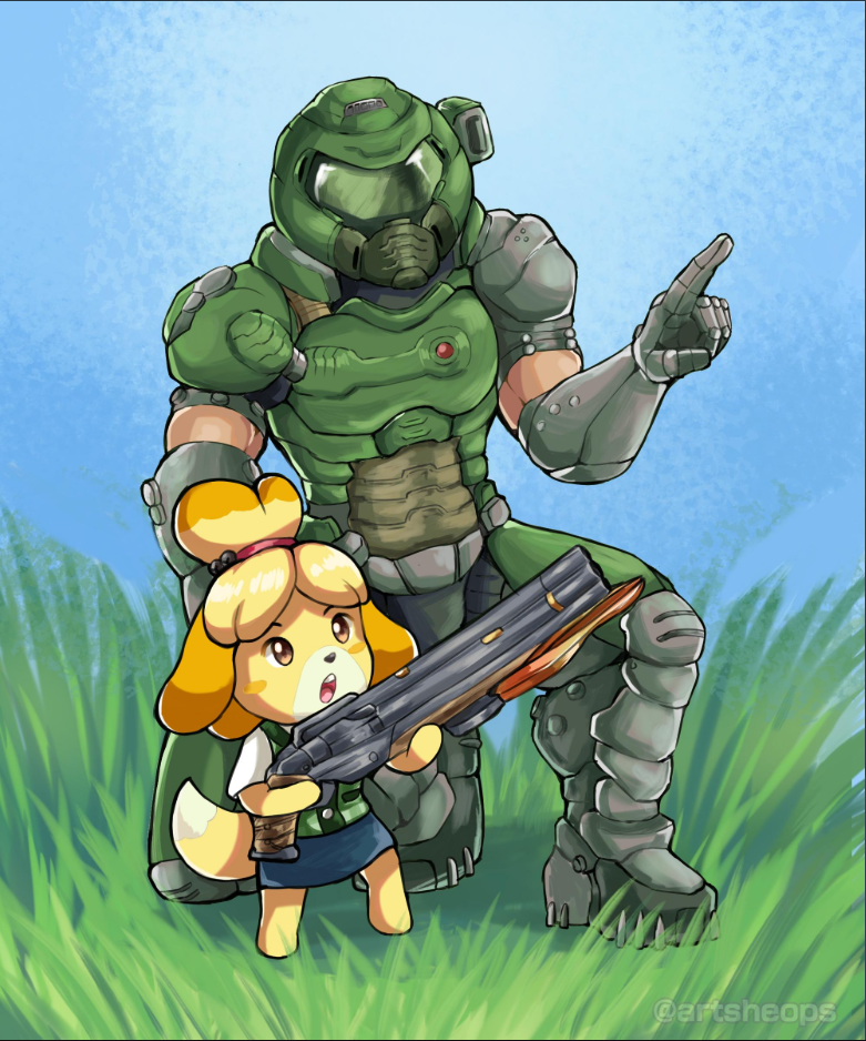 Doom Guy teaching Isabelle to shoot