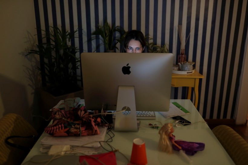 Danielle de Angelis works from home during a lockdown imposed by the state government because of the coronavirus disease (COVID-19) outbreak in Santo Andre
