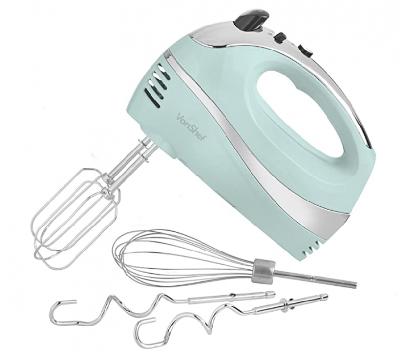 VonShef BLUE 250W Hand Mixer Whisk With Chrome Beater, Dough Hook, 5 Speed and Turbo Button + Balloon Whisk