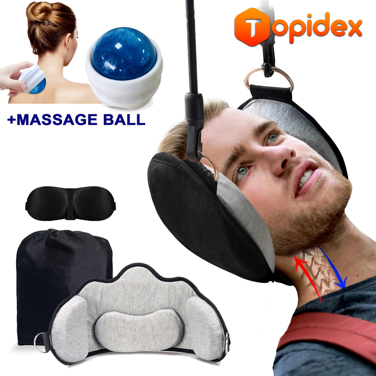 TOPIDEX Head Hammock Includes Massage Roller Ball for Deep Tissue Massage Sleep Mask and Travel-Friendly Drawstring Storage Bag Cervical Traction Device Neck Pain and Tension Relief