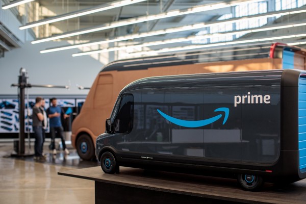Models of the Rivian-built Amazon electric delivery vans are seen in this handout photo in Plymouth