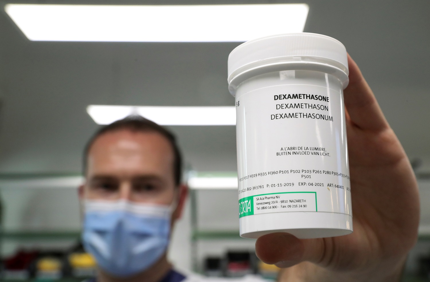 A pharmacist displays a box of Dexamethasone at the Erasme Hospital amid the coronavirus disease (COVID-19) outbreak, in Brussels