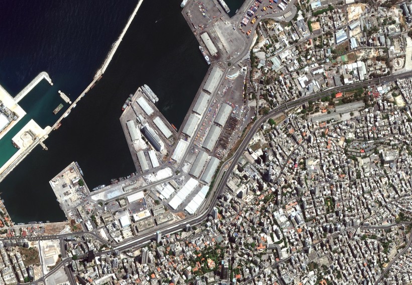 A satellite image shows the port of Beirut