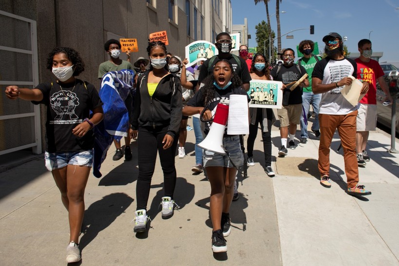 Protesters and students demonstrate over funding and reopening of schools in Los Angeles