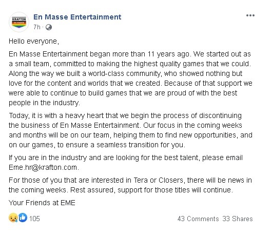 En Masse Entertainment announces Closure, but Support for Tera Will Continue