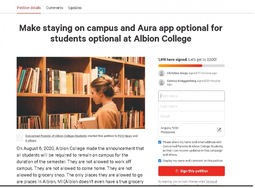 Parent's Petition to Make staying on campus and Aura app optional for students optional at Albion College
