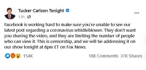 Tucker Carlson Tonight post on censorship
