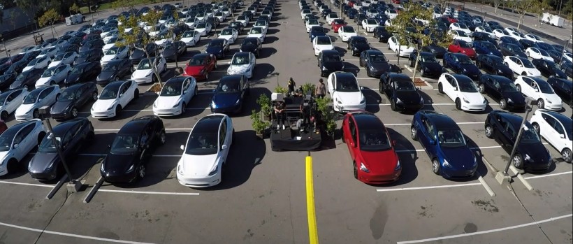 Tesla vehicles line up during the Tesla Battery Day 