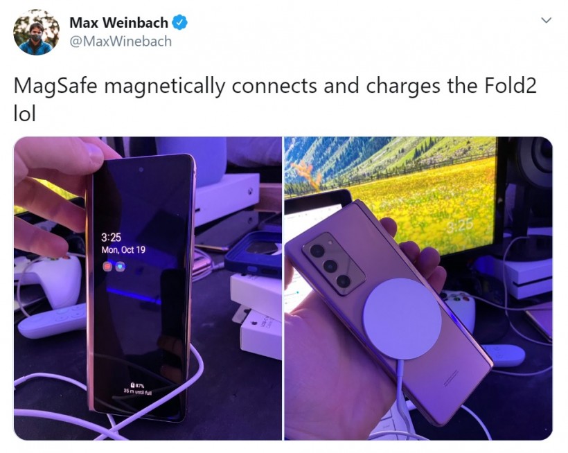 MagSafe magnetically charges the SamSung Galaxy Z Fold 2 