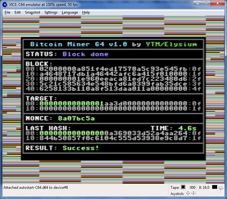Screenshot From the C64 Bitcoin Miner
