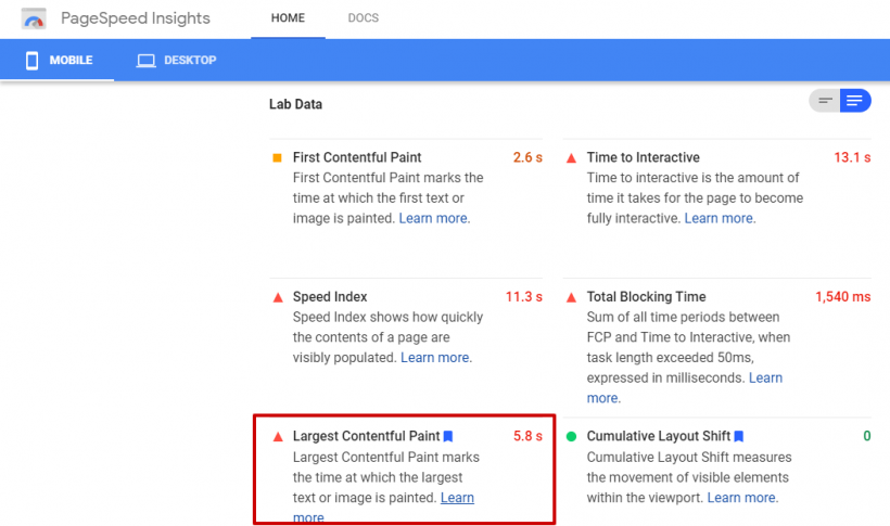 LCP score using Google PageSpeed Insights