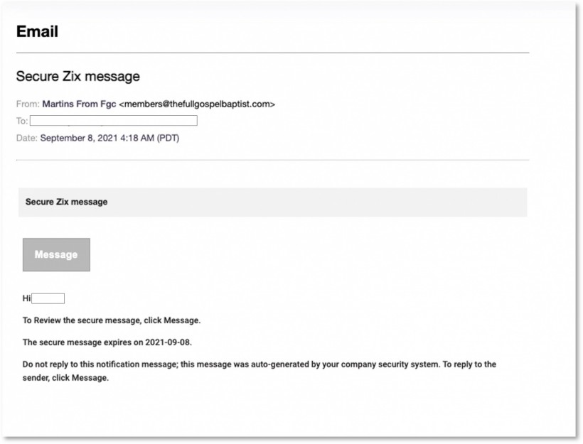 Sample Zix Phishing Email