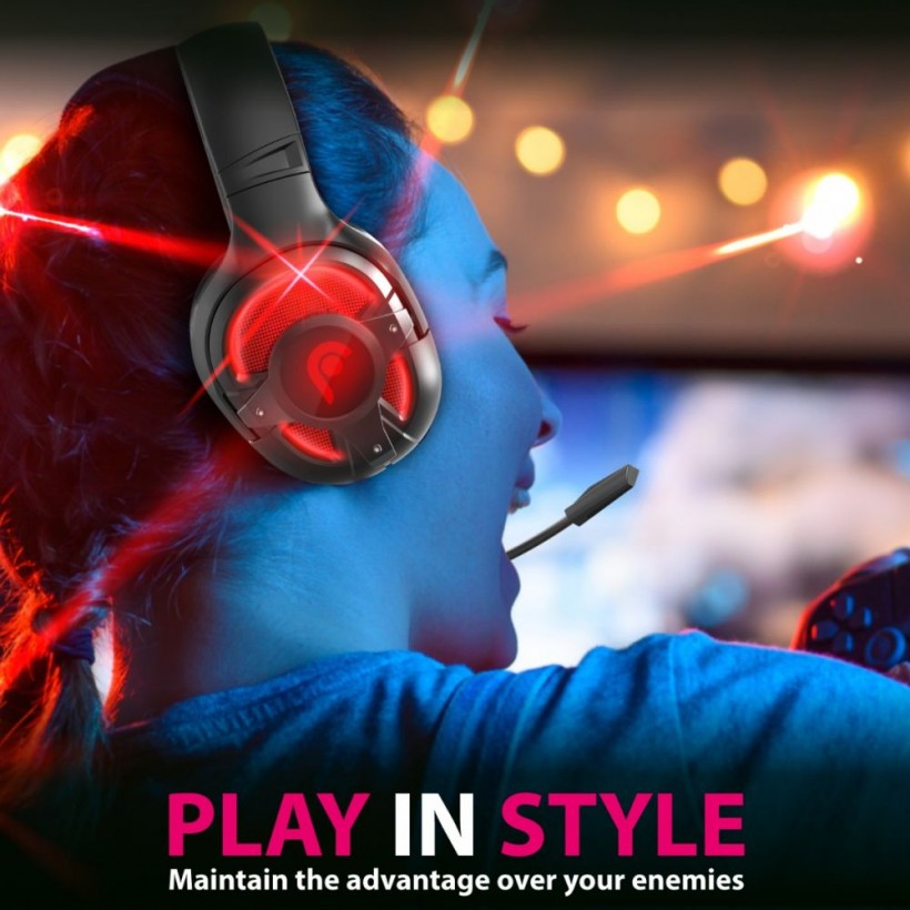 Fosmon Gaming 3.5mm+USB LED Stereo Headset with Microphone and Audio Controls - Black w/ Red LED
