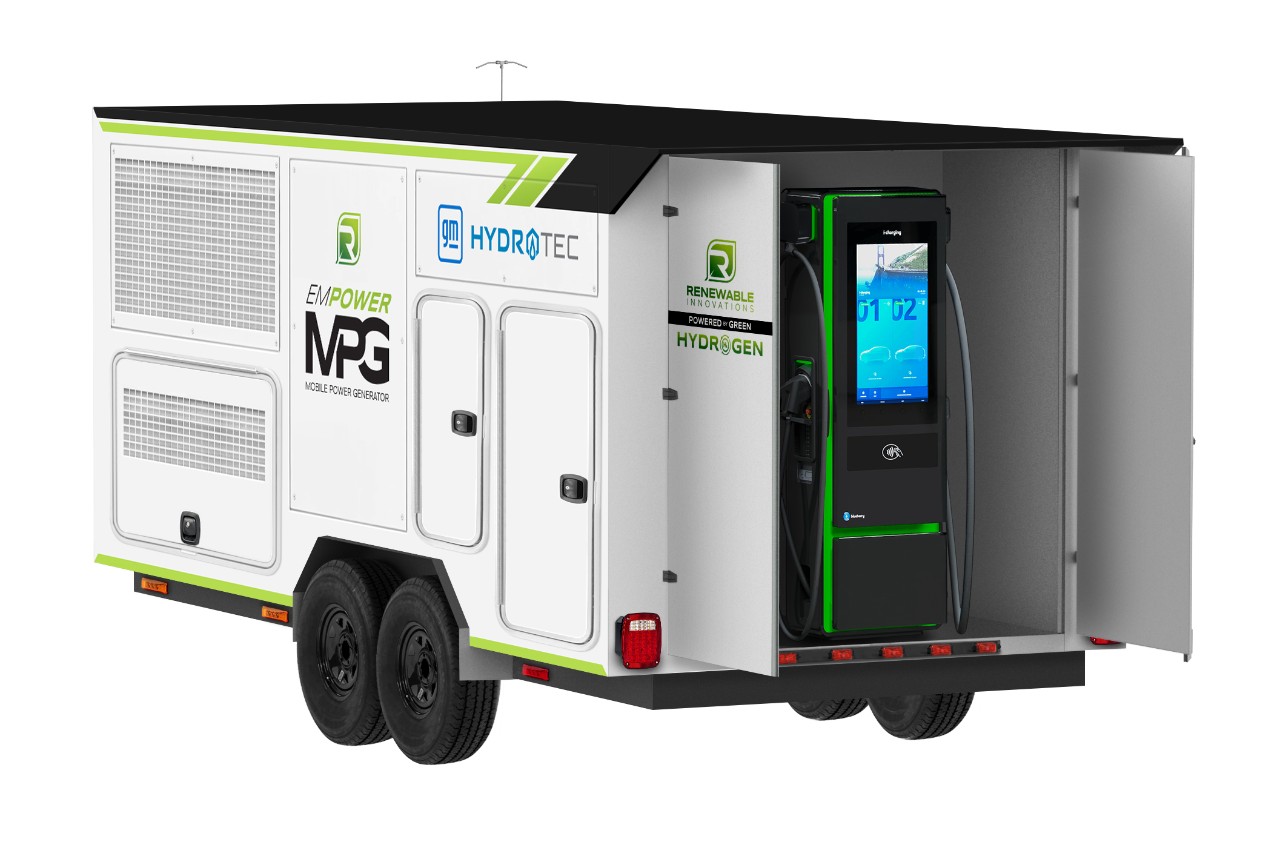 GM HYDROTEC and Renewable Innovations’ Mobile Power Generator can fast-charge EVs without having to expand the grid or install permanent charge points in places where there is only a temporary need for power.