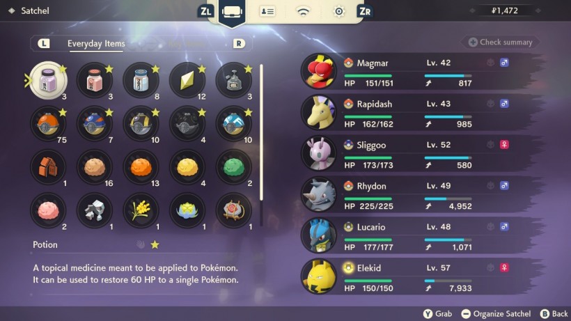 Pokemon Legends arceus item menu 
