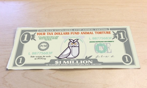 The one dollar bill with AR overlay of the owl mistreatment underway at John's Hopkins