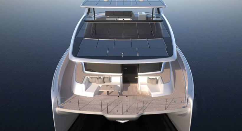 Rear of the Senses 62 Solar Electric yacht 