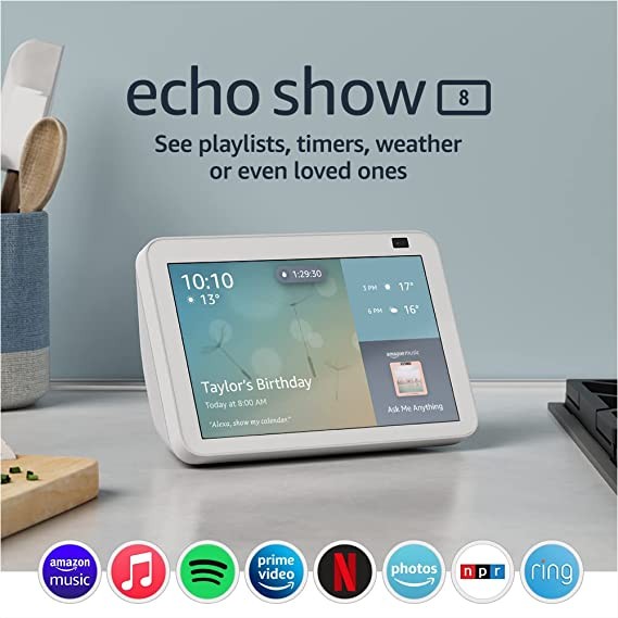 Echo Show 8 (2nd Gen, 2021 release) | HD smart display and stereo sound with Alexa | Glacier White