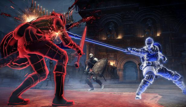 Dark Souls online functionality featuring a red invader and blue cooperator in a duel. 
