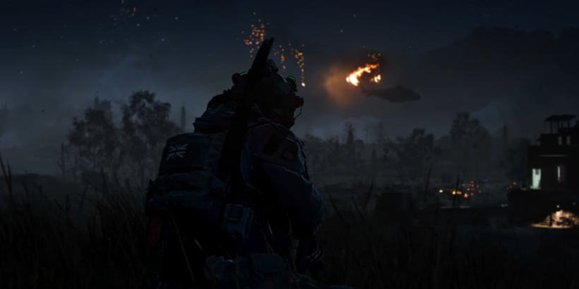 A helicopter explodes in the distance as one character watches on in horror in Infinity Ward's upcoming Modern Warfare 2. 