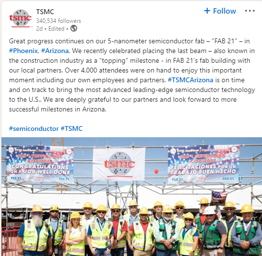 Apple chip supplier TSMC recently held its topping-out ceremony for its new fabrication plant in Phoenix, Arizona.