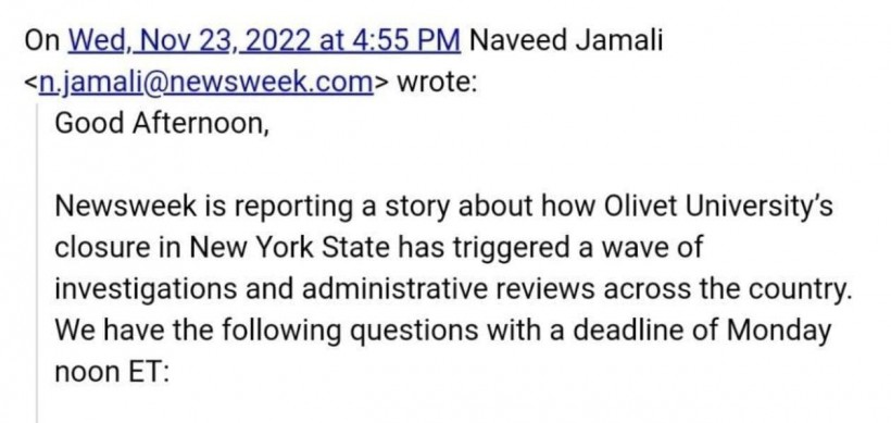 Naveed Jamali Email to Olivet University