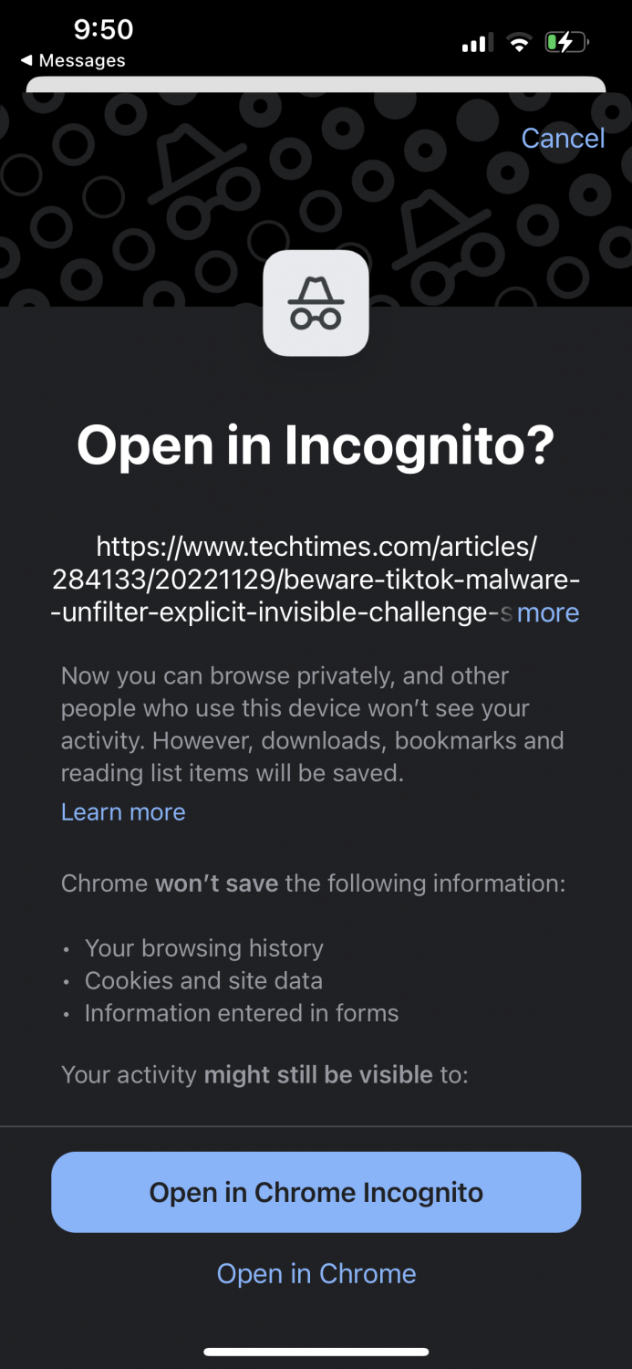 Google Chrome for iOS Incognito Links