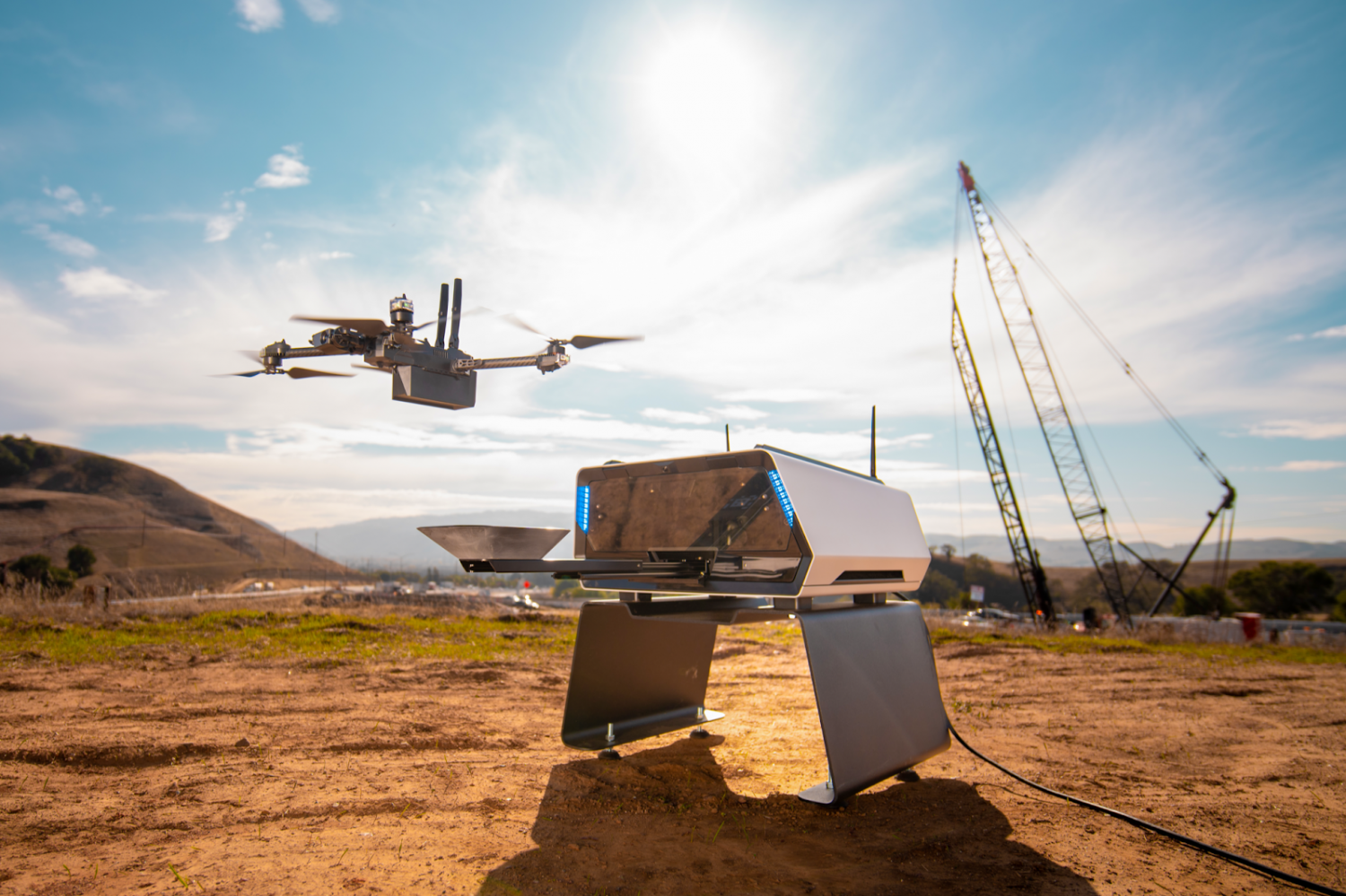 Skydio Dock and X2 are seen monitoring the construction of a large-scale highway project.