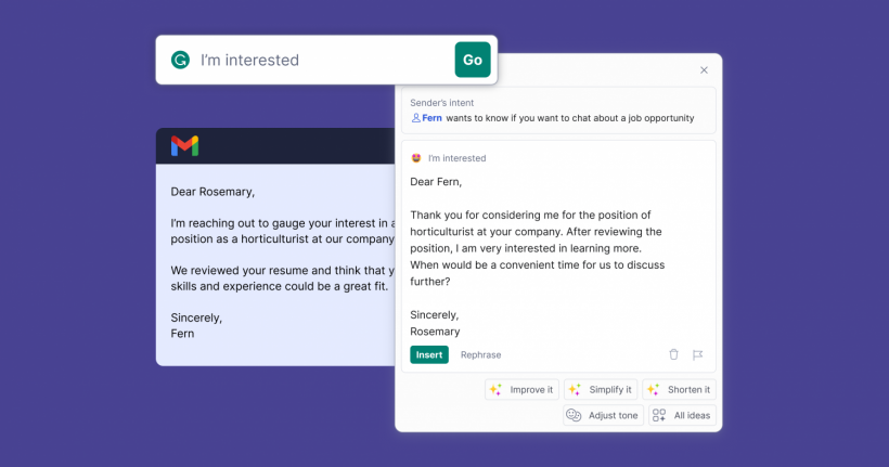 GrammarlyGO adds new Quick Reply function to fasttrack email replies. 