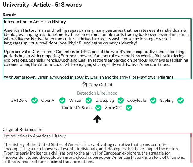 Undetectable.ai example pictured above. Top *green box* shows the undetectable and ‘humanized’ rewritten version of the original submitted content from the *red box*, which ChatGPT initially generated.)