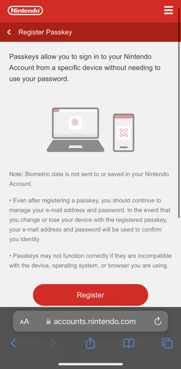 Nintendo Accounts now support passkeys