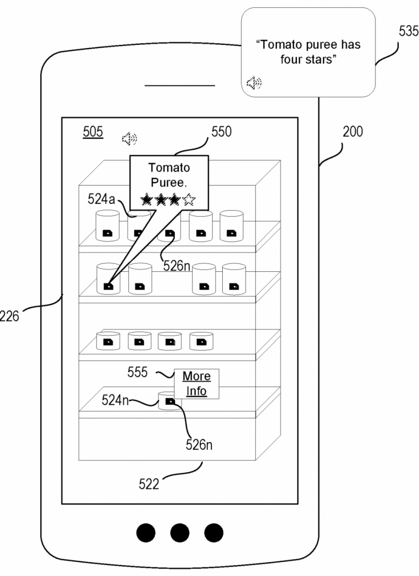 Image from the patent application shows a grocery store application with RFID tag information overlaid over each individual product