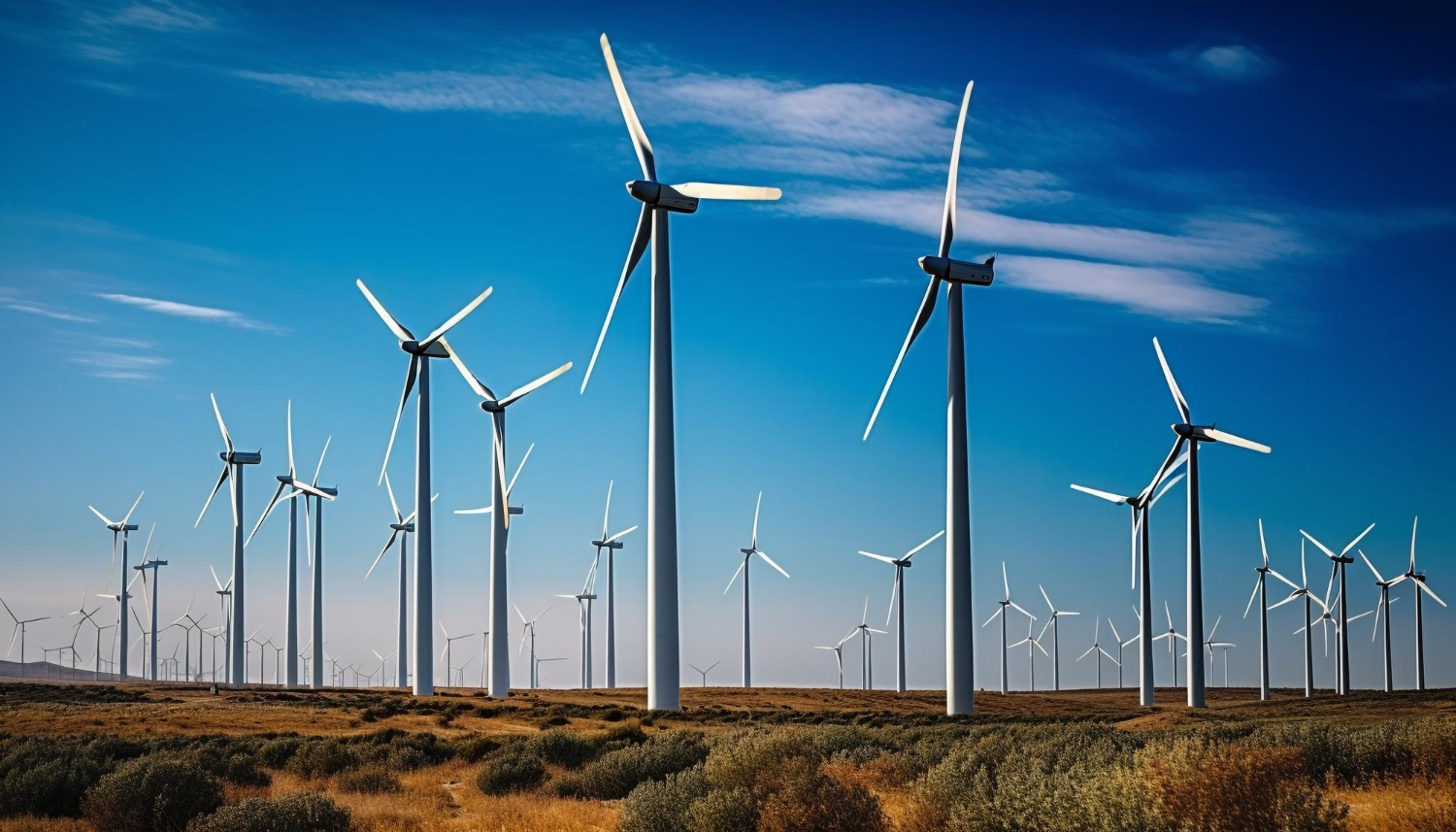 Wind turbine propeller spinning in blue sky generated by AI